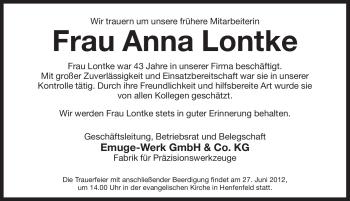 Traueranzeige von Anna Lontke von Pegnitz-Zeitung